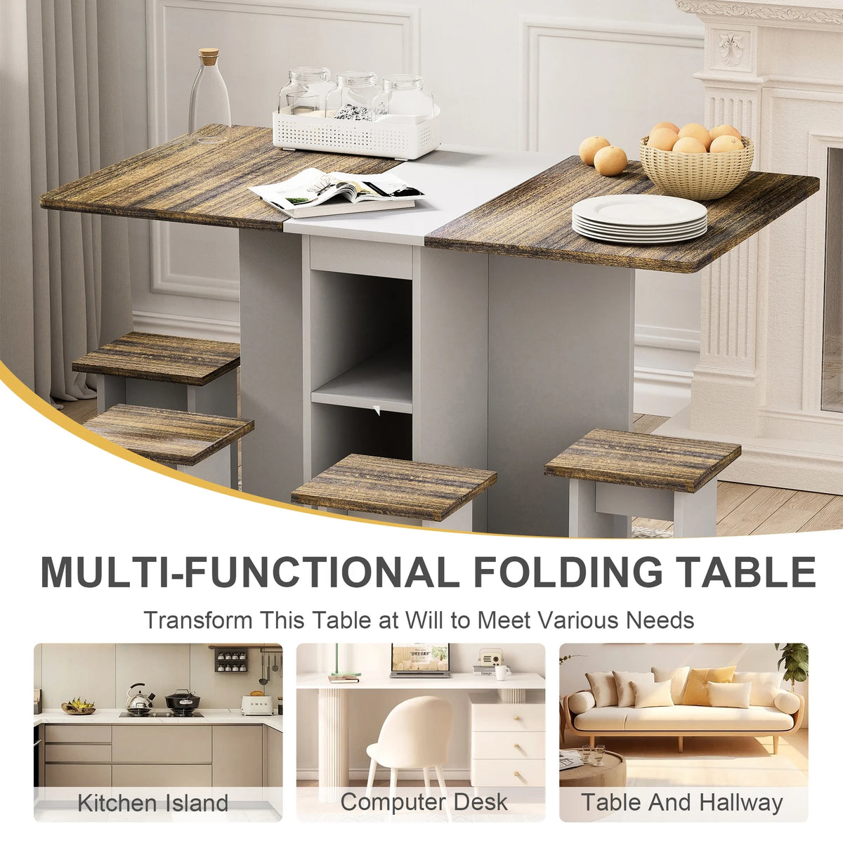 4 Folding Dining With 55'' Drop Leaf Table & 4 Chairs, Storage, 6 Wheels, Robust , Brown, Space Saving For Interiors Extendable Wood, Firm Home Use