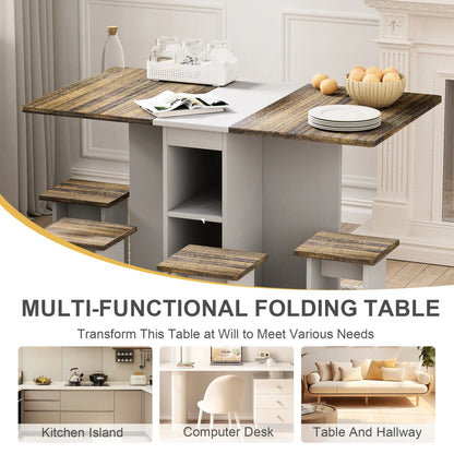 4 Folding Dining With 55'' Drop Leaf Table & 4 Chairs, Storage, 6 Wheels, Robust , Brown, Space Saving For Interiors Extendable Wood, Firm Home Use