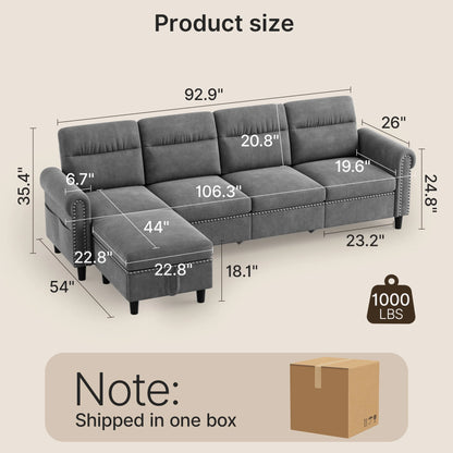 106" Modular Sectional Sofa Bed with Storage Ottoman, Lofka Modern Comfy Couches and Sofas with Side Pockets for Small Spaces, Living Room Furniture in Dark Gray