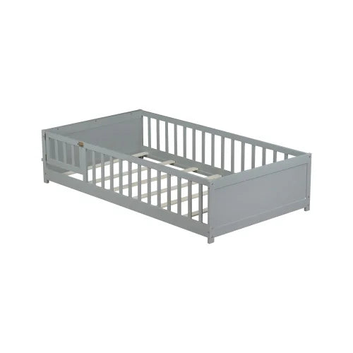 Bellemave Twin Size Floor Bed with Fence, Montessori Floor Twin Bed with Built-in Book Rack, Solid Wood Twin Bed with Slats and Safety Guardrails, Natural