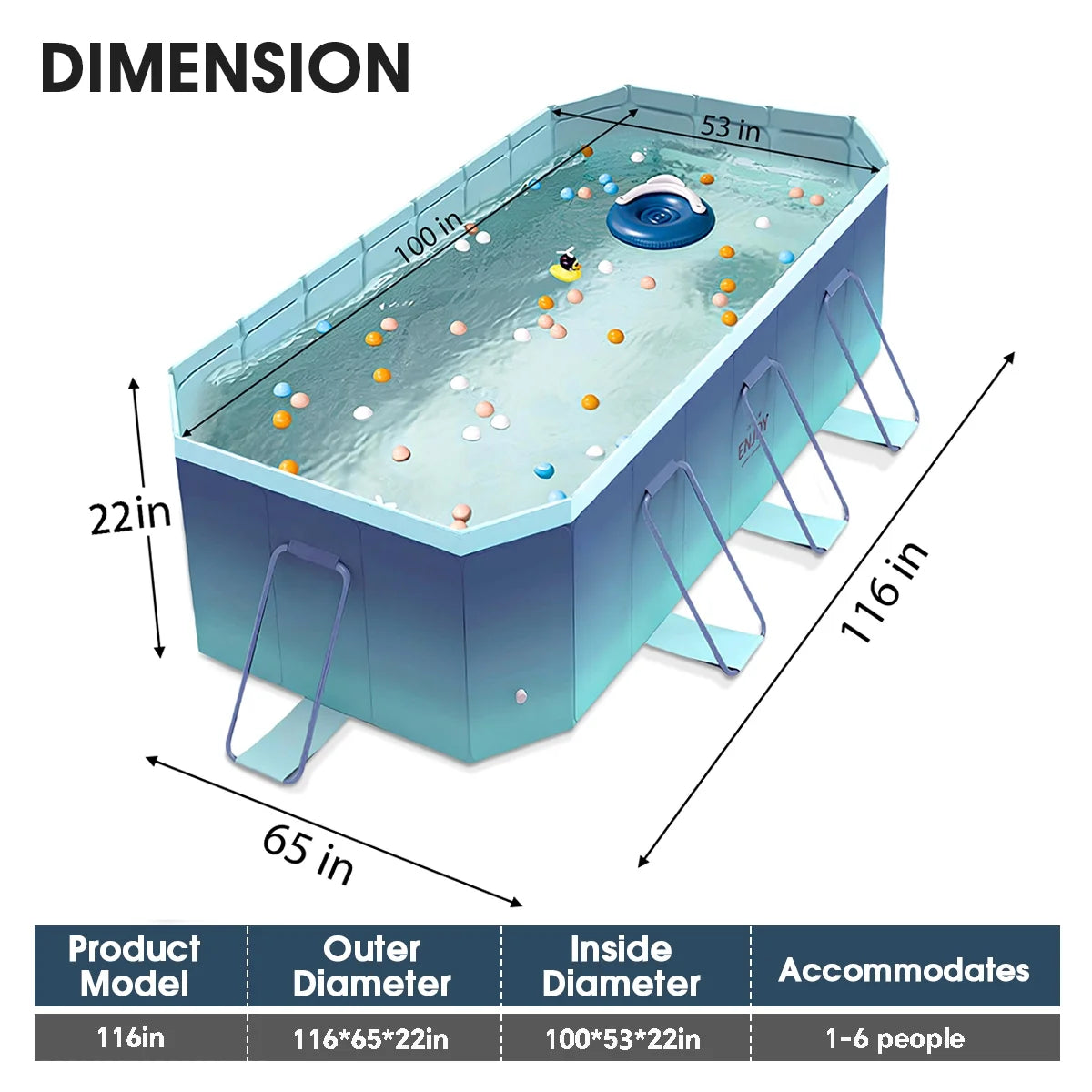 Foldable Swimming Pool, Large Non-Inflatable Outdoor Pools for Kids Adults Above Ground Pools, 116in