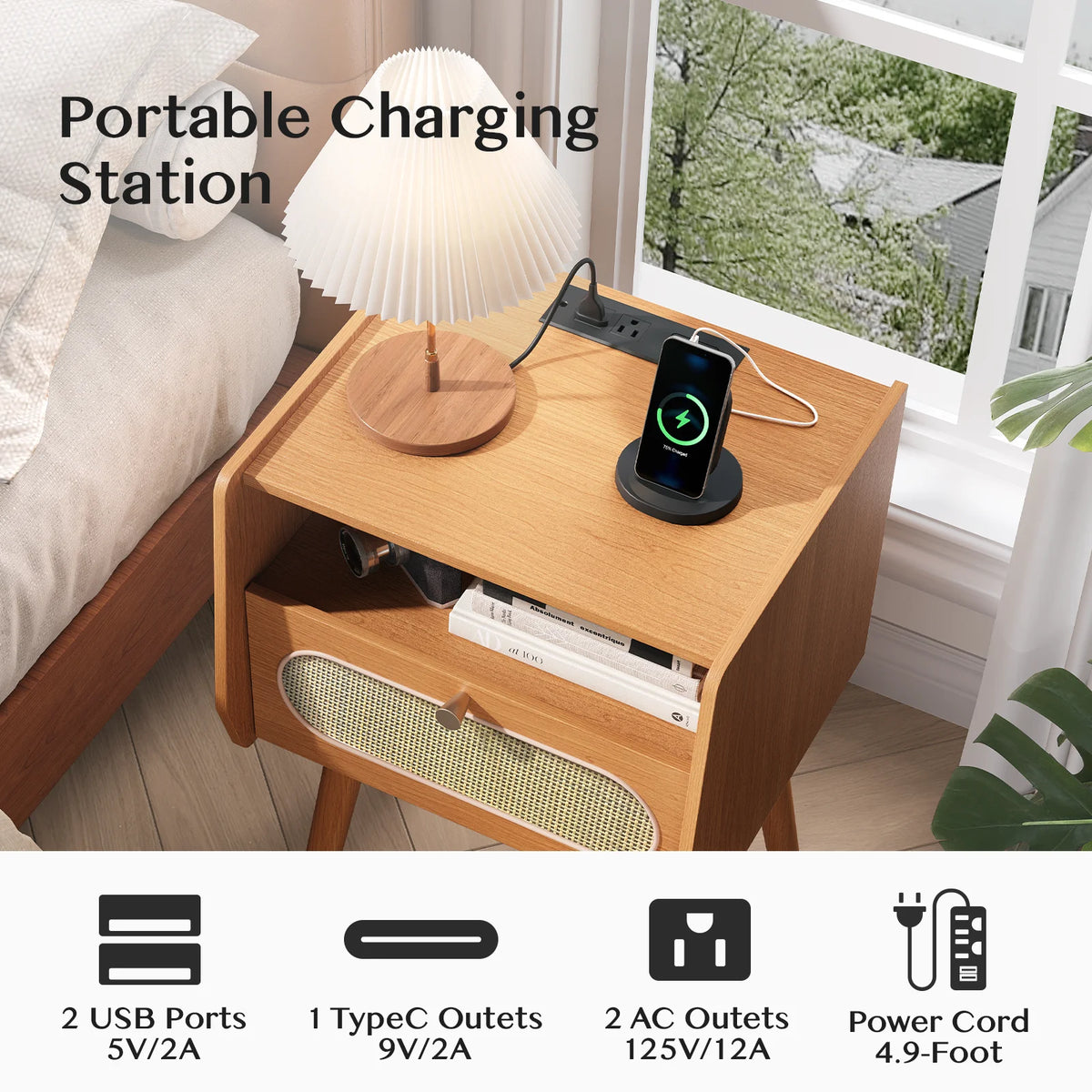 JOINICE Nightstands for Bedroom with Charging Station, Mid Century Modern End Tables Set of 2 for Living Room, Dining Room