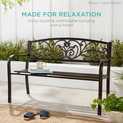 Best Choice Products Outdoor Steel Bench Garden Patio Porch Furniture w/ Floral Design Backrest - Black