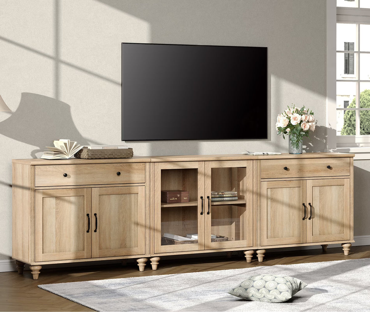 TV Stand for 100 Inch TV, 3-in-1 TV Console Table for 75/80/85/90 Inch TV, Farmhouse  Entertainment Center with Glass & Wooden Door, Kitchen Sideboard Buffet Cabinet for Dining Room, Oak