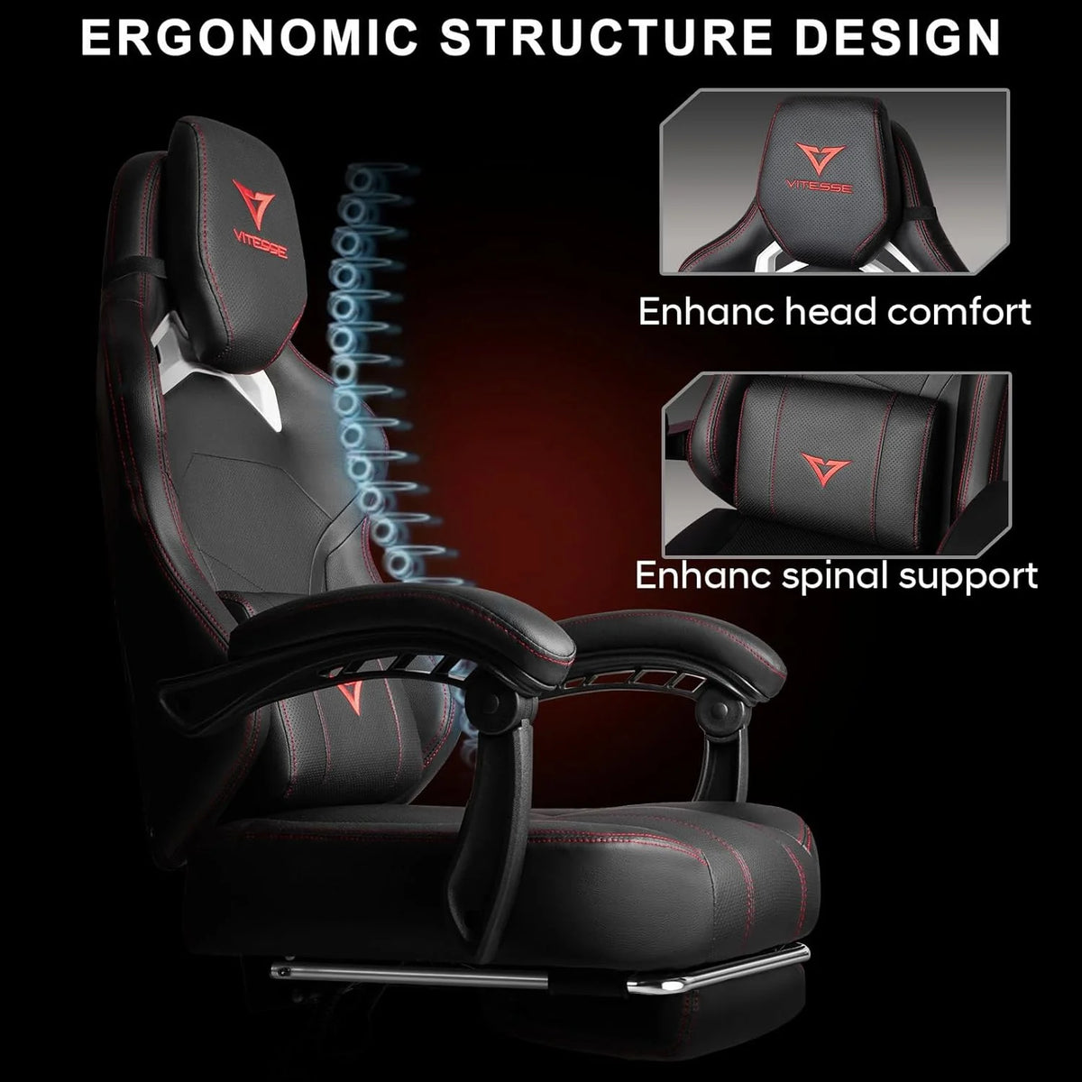 VITESSE Big and Tall Gaming Chair 400lb Weight Capacity with Footrest, Ergonomic Video Game Chair for Adults with Oversized Headrest and Lumbar Pillow, Computer Chair Gaming for Office (Black+Red)