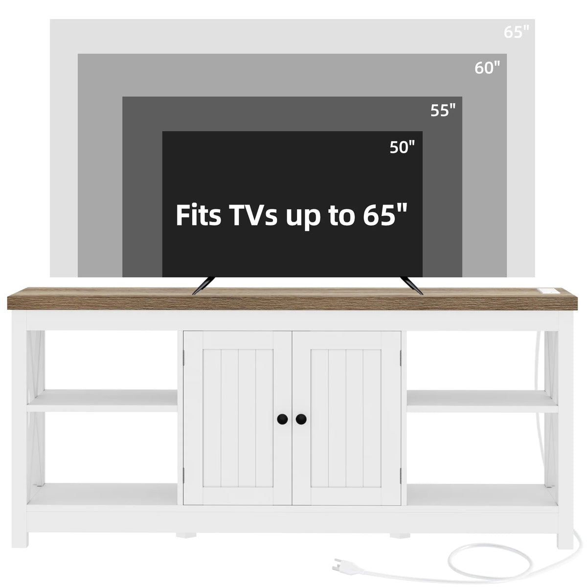 Dextrus White TV Stand up to 65 Inches w/Power Outlets, Farmhouse Entertainment Center Cabinet with Storage for Living Room