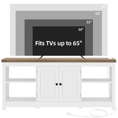 Dextrus White TV Stand up to 65 Inches w/Power Outlets, Farmhouse Entertainment Center Cabinet with Storage for Living Room