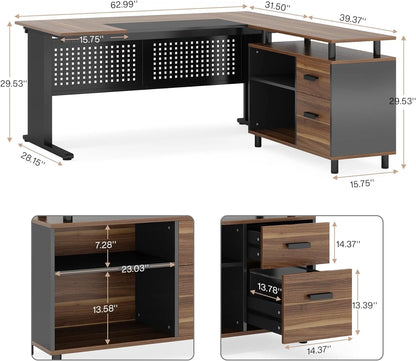 Tribesigns 63 Inch Executive Desk with File Cabinet, Large Office Desk L Shaped Computer Desk with Drawers and Storage Shelves, Business Furniture Desk Workstation for Home Office, Brown and Black