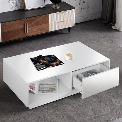 Hommpa LED Coffee Table Modern Side Tables High Gloss Black Cocktail Table with 2 Drawers Open Shelf for Living Room