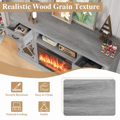 PAPROOS Fireplace TV Stand for 65 Inch TV, Modern Farmhouse TV Cabinet with 23'' Electric Fireplace, Entertainment Center Television Console Table for Living Room, Black+Brown