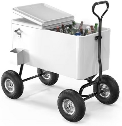 80 Quart Wagon Rolling Cooler Ice Chest, /Long Handle and 10" Wheels, Portable Beach Patio Party Bar Cold Drink Beverage, Outdoor Park Cart on Wheels