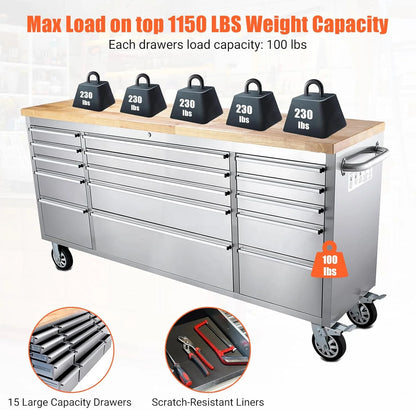 Kojooin 72-Inch Rolling Tool Cabinet, Large Rolling Tool Chest with 15-Drawer and Mobile Workbench, Heavy Duty Steel Storage Cabinet with Locking System for Warehouse, Garage, Basement