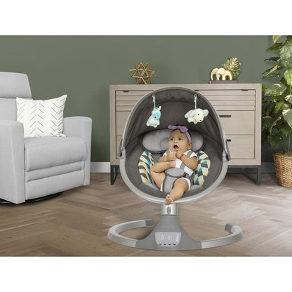 Dream On Me Zazu Baby Swing. Baby Swing for Infant. 5 - Swinging Speed. Two Attached Toys. Bluetooth Enabled and Remote Control. Grey and Blue