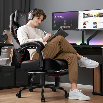 VITESSE Big and Tall Gaming Chair 400lb Weight Capacity with Footrest, Ergonomic Video Game Chair for Adults with Oversized Headrest and Lumbar Pillow, Computer Chair Gaming for Office (Black+Red)