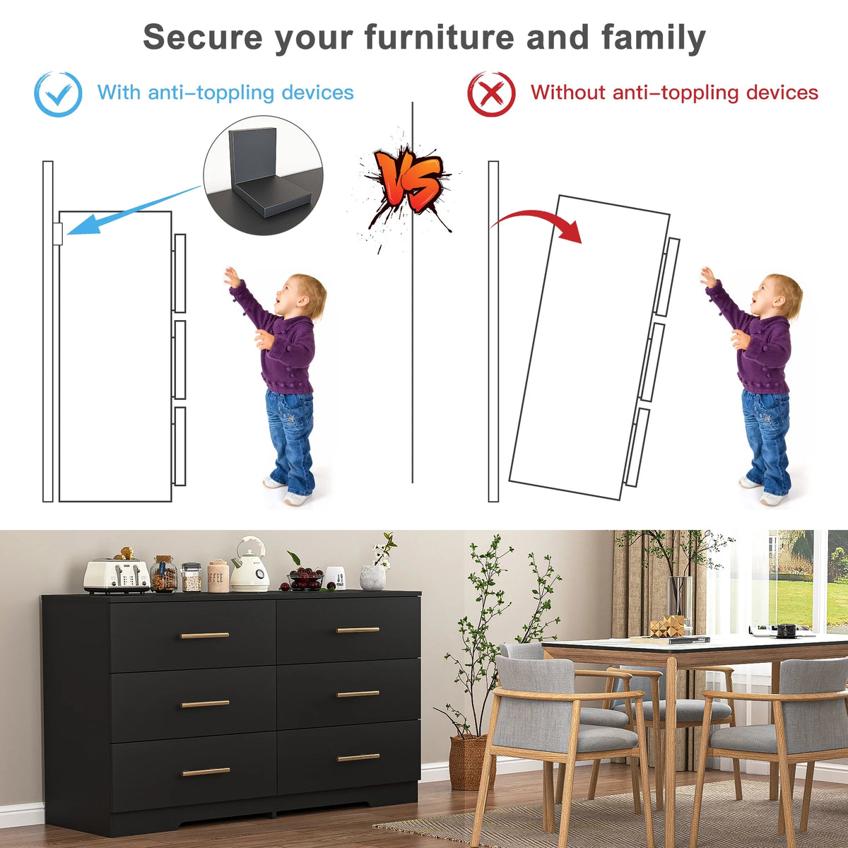 Kadyn White Chest of Drawer, 6 Double Drawer Dresser for Bedroom, Modern Storage Cabinet for Living Room, Dresser