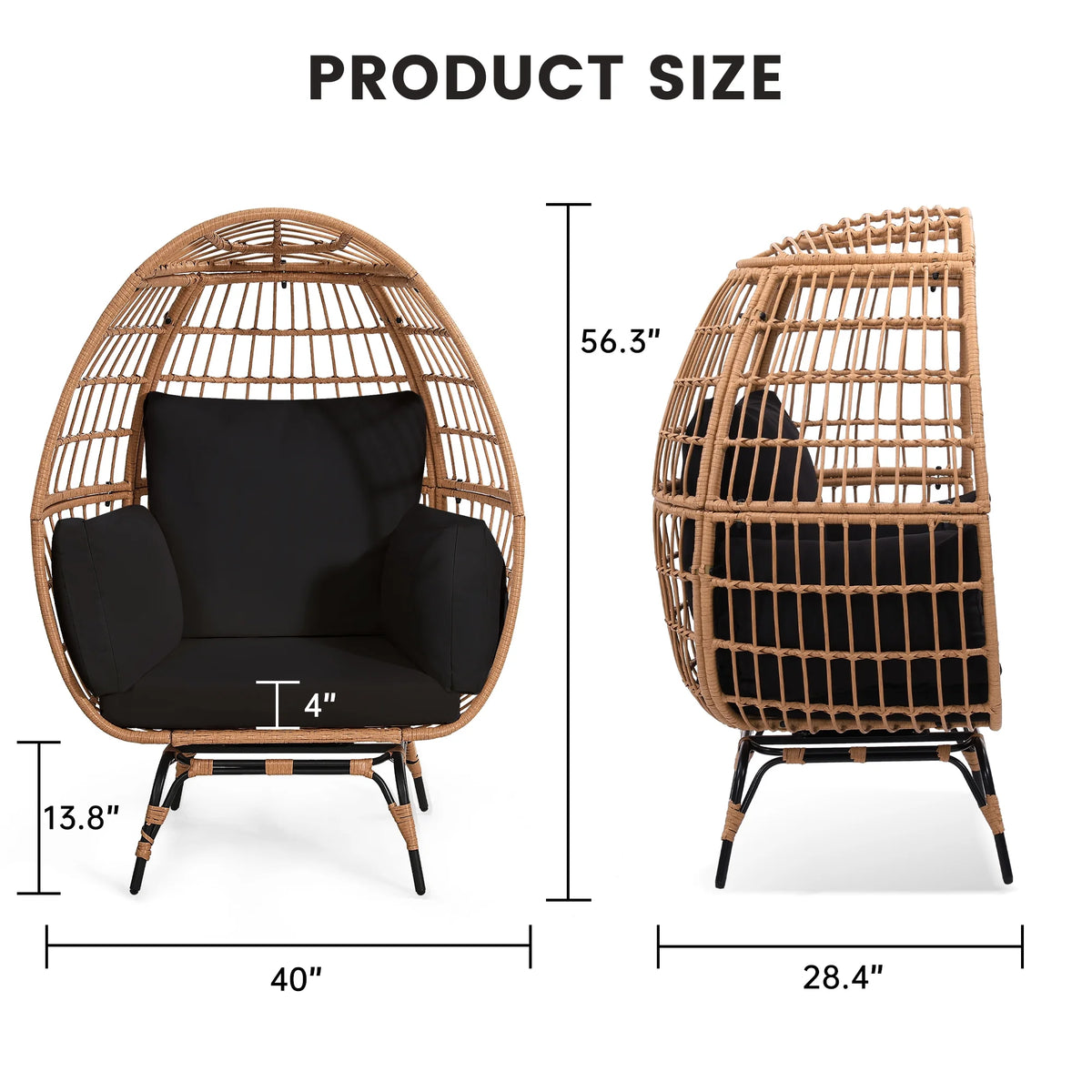 Skandiquip Oversized Rattan Adult Egg Chair, 360 Swivel, Outdoor Patio Chair with overstuffed Cushions, Indoor Large Wicker Egg Chair, Natural Rattan, Beige Cushion