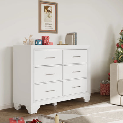 Homhougo White Dresser for Bedroom 6 Drawer, Wood Organizer Storage Cabinet with Gray Strip Drawer Door, Chest of Drawers for Closet, Living Room, Hallway, Nursery, Kids Bedroom