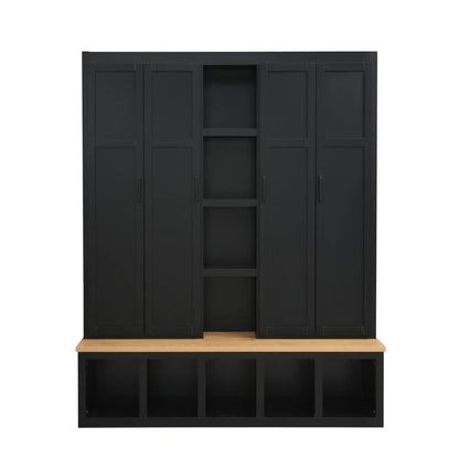 63" Farmhouse Hall Tree with Bench and Shoe Storage, 4-in-1 Entryway Bench with 4 Storage Cabinets, 5 Shoe Cabinets and 6 Hanging Hooks, Black