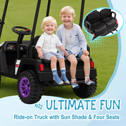 24V XL Kids Ride on Golf Cart, Electric Car w/Remote Control, Detachable Awning, 4 Seats, 3 Speeds, LED Lights, Spring Suspension, Bluetooth, Audio, Blue