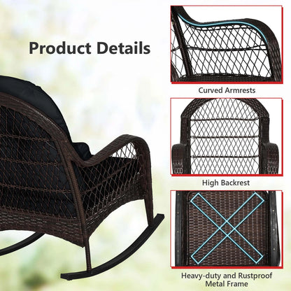 Costway Patio Wicker Rocking Chair W/Seat Back Cushions & Lumbar Pillow Porch Off White