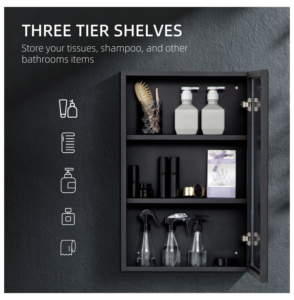 Compact Wall Cabinet, Black Single Door Medicine Cabinet with Mirror & Shelves for Bathroom or Home