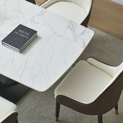 Leavader 63" White Stone Dining Table Set with Black Carbon Steel Base with 6 Dining Chairs