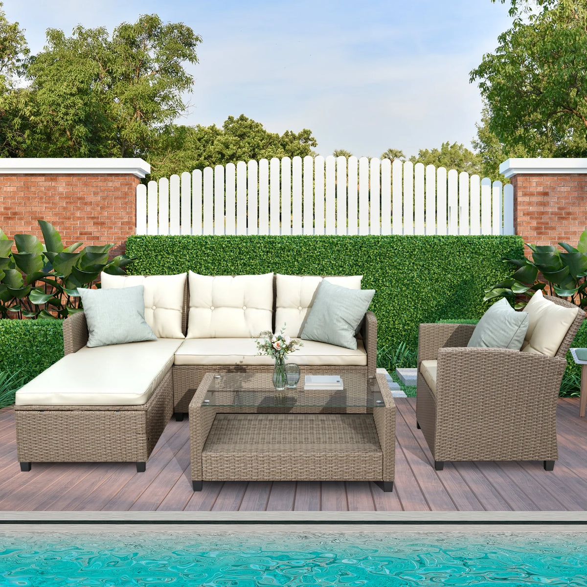 SEGMART 4 Piece Patio Furniture Set, All-Weather Outdoor Sectional Sofa Set, PE Rattan Conversation Set with Storage Box, Table & Cushions, Wicker Furniture Couch Set for Patio Deck Garden