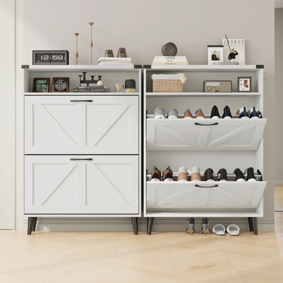Veanerwood Shoe Cabinet with 2 Flip Drawers Farmhouse Shoe Storage Cabinet Organizer for Entryway, Gray