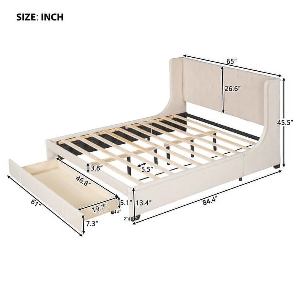 Queen Bed Frame with Storage Drawer, Velvet Upholstered Storage Bed, Wood Platform Bed Frame with Wingback Headboard and a Big Drawer(Beige)
