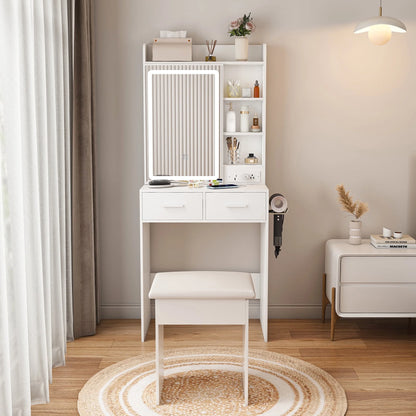 Montary Modern Mini Vanity w/Adjustable LED Mirror + Hidden Storage, Padded Stool & Dustproof Shelves (White)