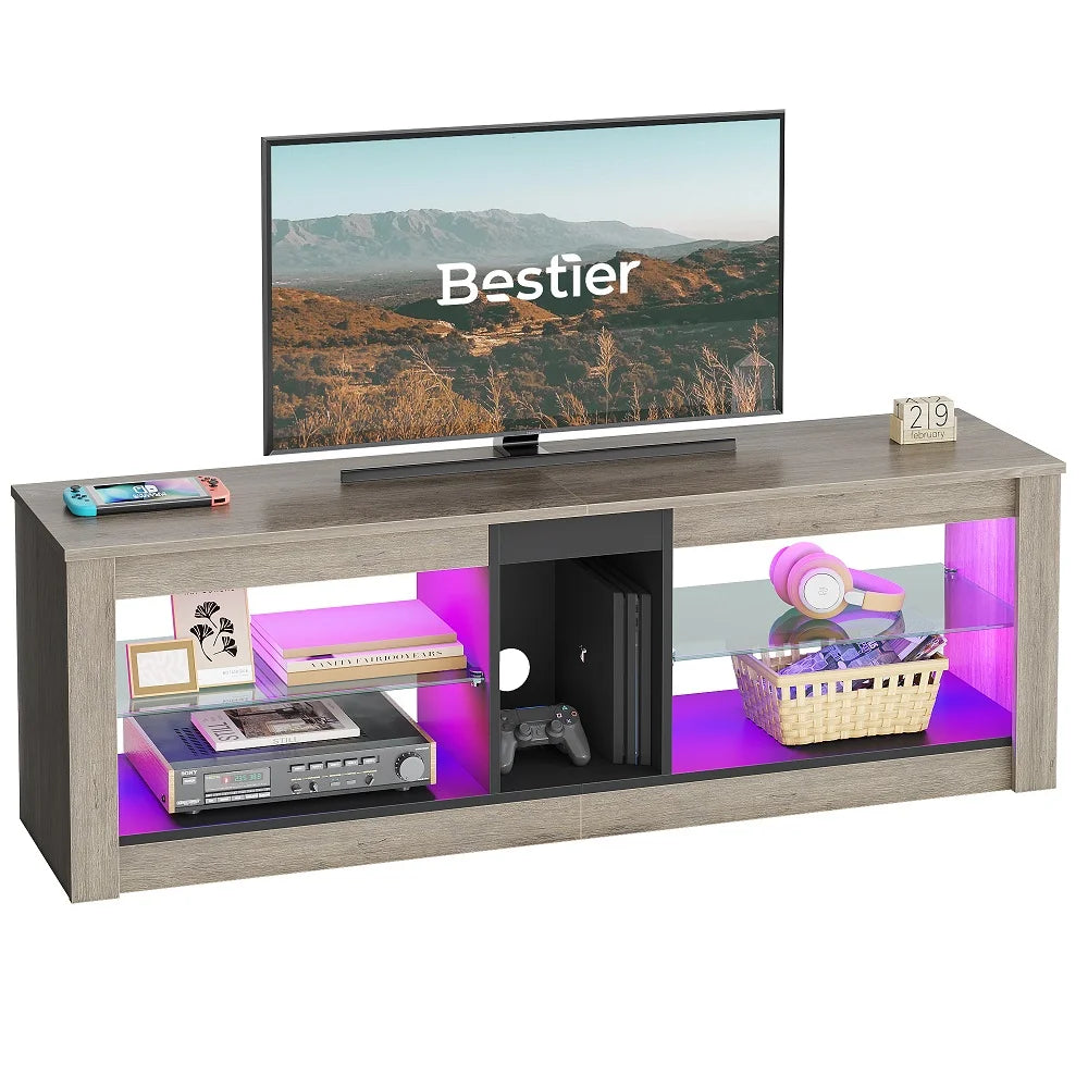 Bestier Entertainment Center with LED Lights TV Stand Media Console Table for TVs up to 60" in Light Grey