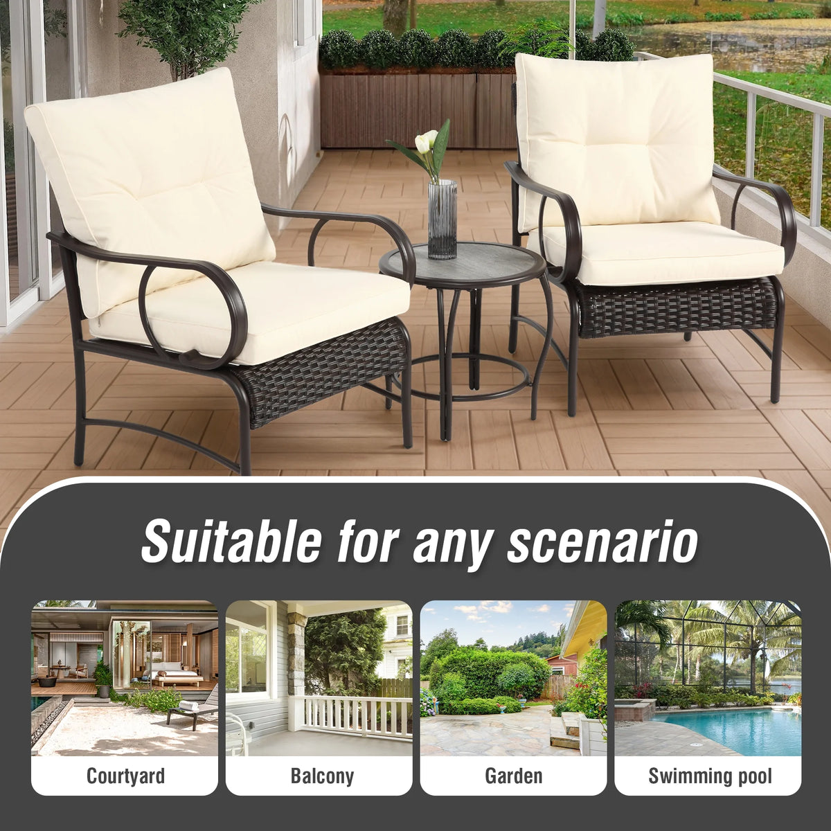 Villeston 3 Piece Outdoor Wicker Conversation Patio Set, with 2 Chairs, Table for Porch Garden,Blue