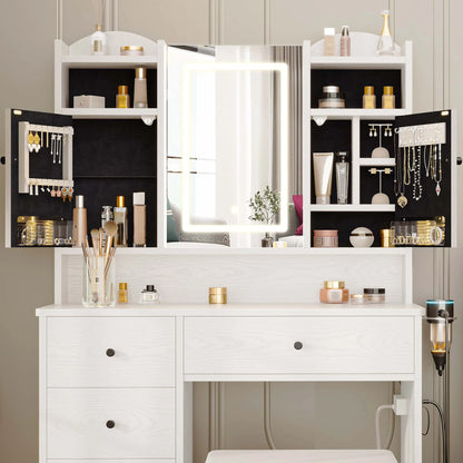 IRONCK White Vanity Set with Mirror and Lights, Makeup Vanity Desk with 5 Drawers & 2 Cabinets & Charging Station