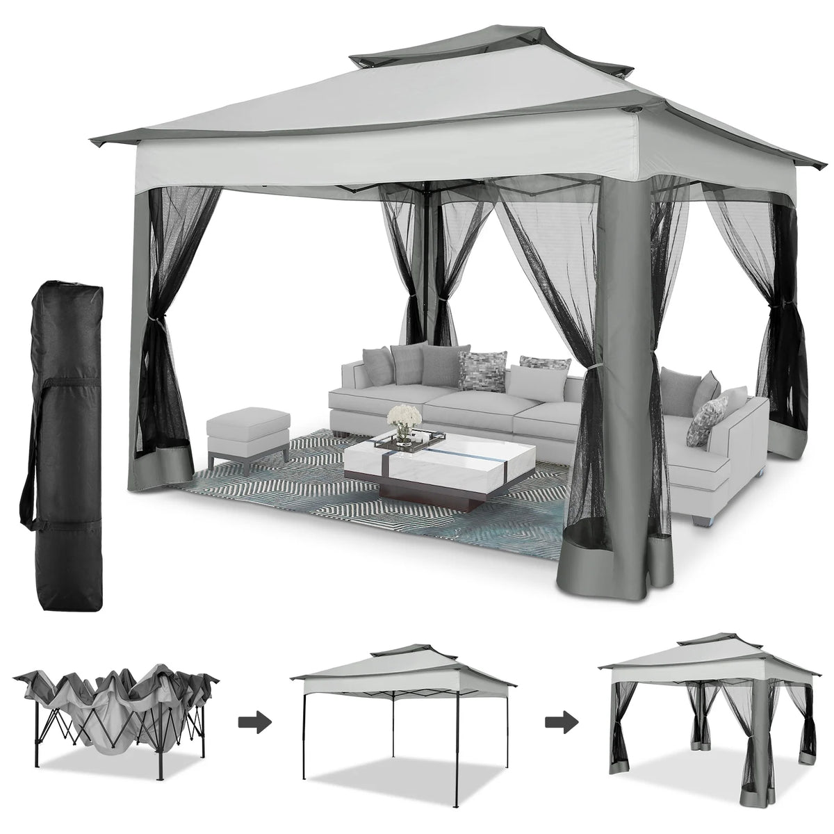 COBIZI 12x12 Outdoor Gazebo Pop Up Gazebo Canopy with Mosquito Netting Patio Tent Backyard Canopy with 2-Tiered Vented Top 3 Adjustable Height, Beige