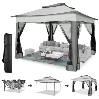 COBIZI 12x12 Outdoor Gazebo Pop Up Gazebo Canopy with Mosquito Netting Patio Tent Backyard Canopy with 2-Tiered Vented Top 3 Adjustable Height, Beige