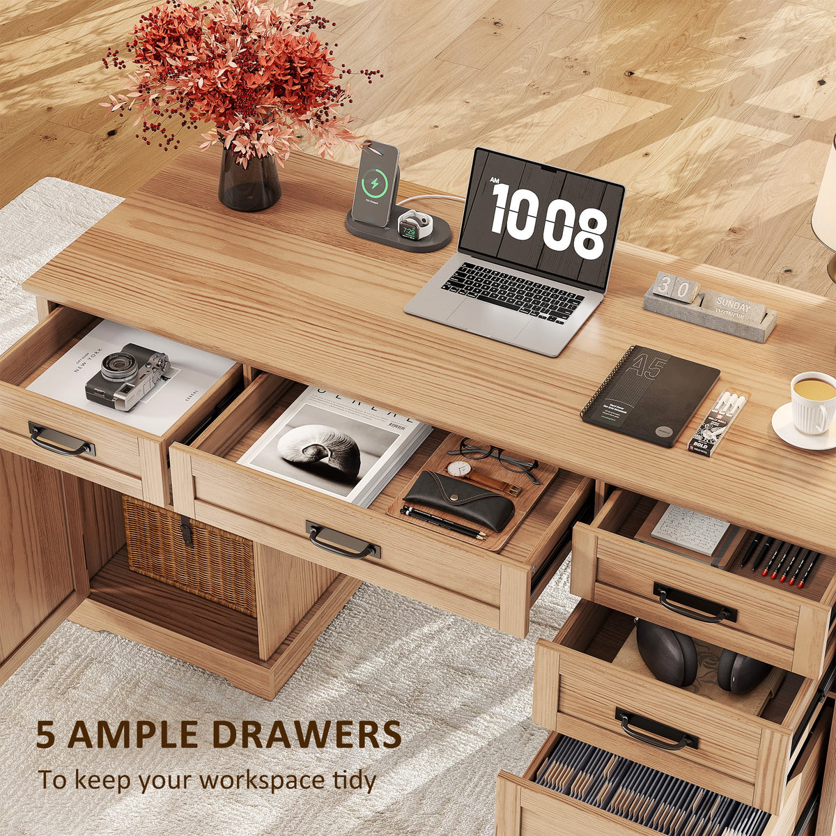 Whalefall 55 in Farmhouse Executive Desk with File Drawer for Adult Home Office, White