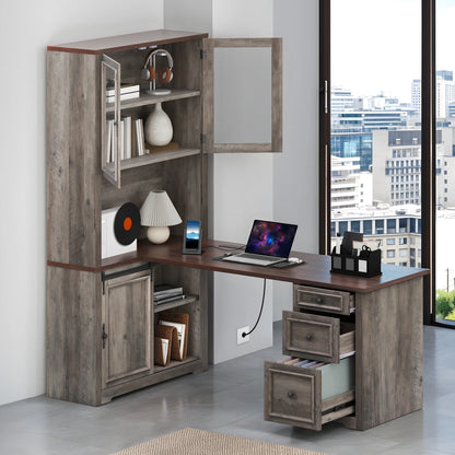 Craftian Executive Desk with Hutch, L Shape Computer Desk, Wood Office Desk with Storage Cabinet, White
