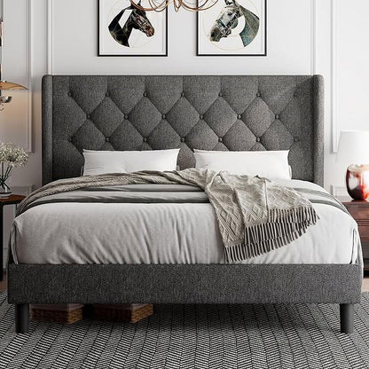 iPormis Full Size Bed Frame with Diamond Button Tufted Wingback Headboard, Upholstered Platform Bed Frame with Strong Wood Slat Support, No Box Spring Needed,Black