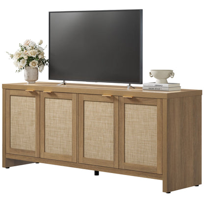 SICOTAS 61.5"W Rattan TV Stand with 4 Doors, Boho Entertainment Center with Adjustable Shelves & Spacious Countertop �C Large Boho Farmhouse Media Console for Living Room, Reclaimed Caramel Oak