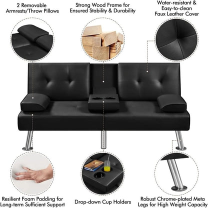 Convertible Folding Futon Sofa Bed Sleeper Couch for Living Room, Modern Faux Leather Upholstered Loveseat w/Removable Armrests, Metal Legs, 2 Cup Holders, Love Seat Sofa Bed for Small Spaces (Brown)