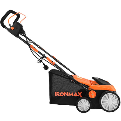 IronMax 13Amp Corded Scarifier 15" Electric Lawn Dethatcher w/50L Collection Bag Orange