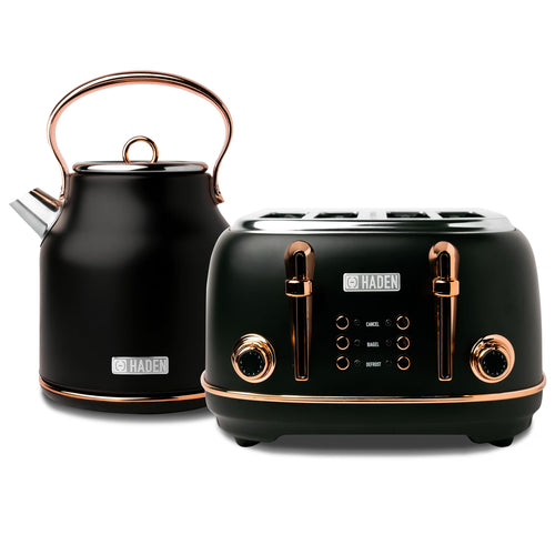 Haden Heritage 1500 1.7 Electric Kettle, Matte Black Finish with Copper Accents