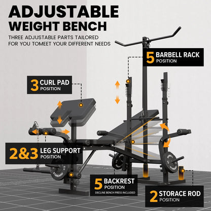 Mikolo Adjustable Weight Bench 800lbs 6 in 1 with Lat Pull Down, Leg Extension and Leg Curl, Chest Fly and Preacher Curl Workout Bench Multi-Function Strength Training Bench Press Exercise Equipment