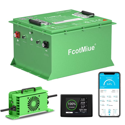 48Volt Lithium Golf Cart Battery , 6000+ Cycles 51.2V 105Ah LiFePO4 Battery, Built-in 200A Smart BMS Support up to 5kW Motor Conversion Kit ,with Touch Monitor & Mobile APP, 20A Charger