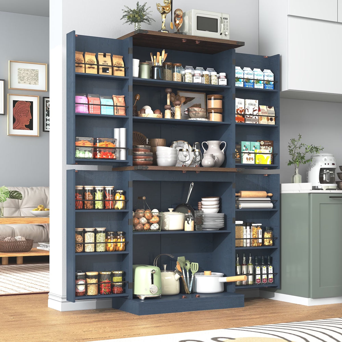71" Tall Farmhouse Kitchen Pantry with 12 Side Shelves & Adjustable Shelves, 5 Layers Pantry Storage Cabinet w/Load-Bearing Steel Pipe & 4 Barn Doors for Kitchen, Dining Room, Living Room, Brown