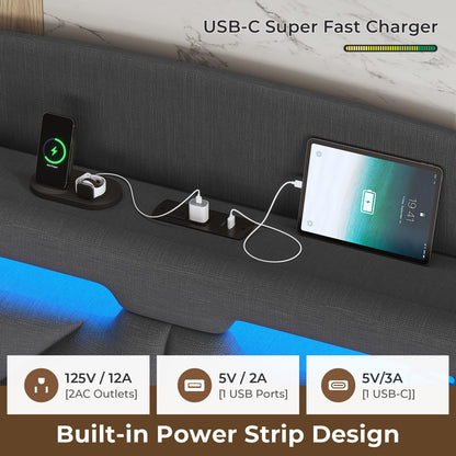 King Size Bed Frame with Storage Headboard and LED Lights,Upholstered Platform Bed with USB Port Charging,Headboard with Shelves Hidden Storage,Noise-Free,Dark Grey