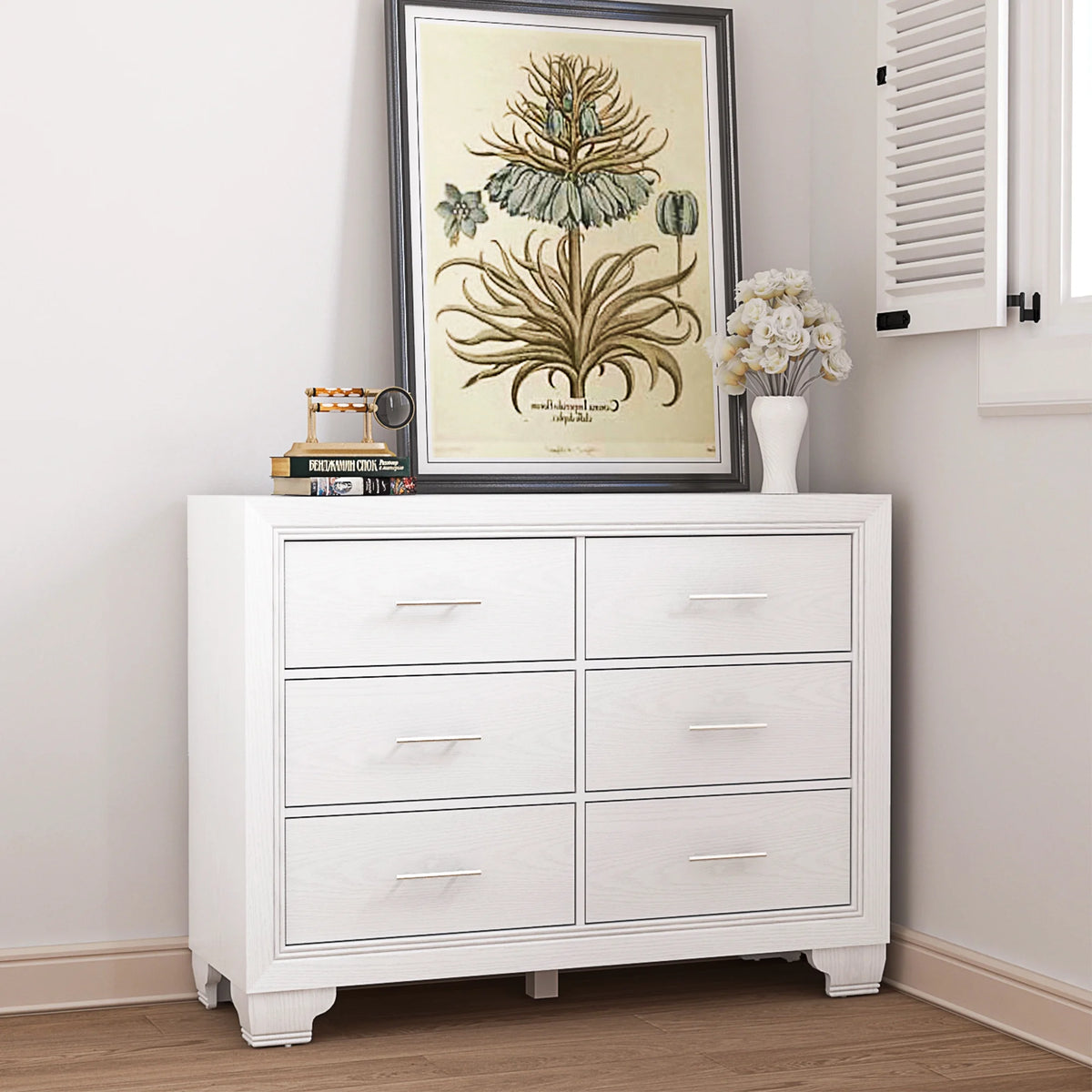Homhougo White Dresser for Bedroom 6 Drawer, Wood Organizer Storage Cabinet with Gray Strip Drawer Door, Chest of Drawers for Closet, Living Room, Hallway, Nursery, Kids Bedroom