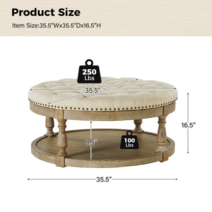 36'' Wide Blue Round Large Ottoman Tufted Coffee Table with Storage Wood Legs Home Living Room
