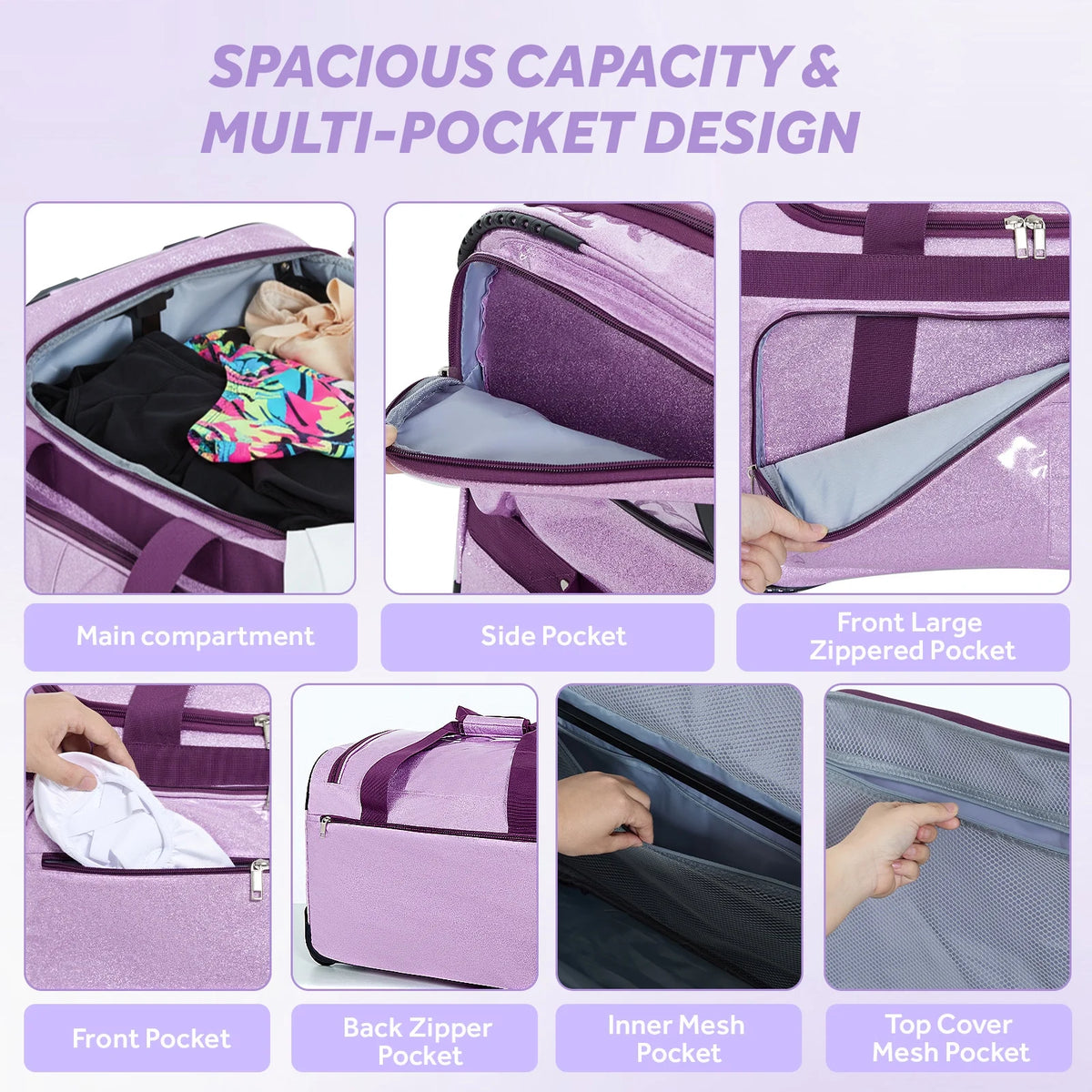 Fegat Dance Bag with Garment Rack,23"Glitter Bright Rolling Dance Duffel Bag Lightweight Competition Bag Costume Suitcase for Dancers Performer Artist, Shine Glitter Purple