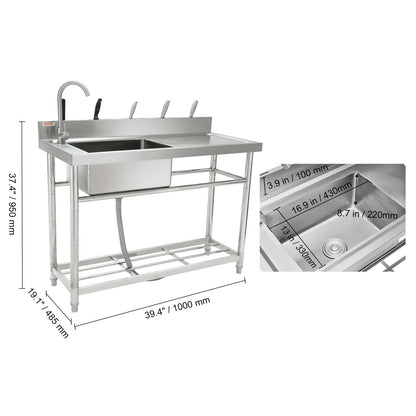 VEVOR Stainless Steel Utility Sink, 1 Compartment Free Standing Small Sink w/Workbench Faucet & legs, 39.4 x 19.1 x 37.4 in Commercial Single Bowl Sinks for Garage, Restaurant, Laundry,NSF Certified